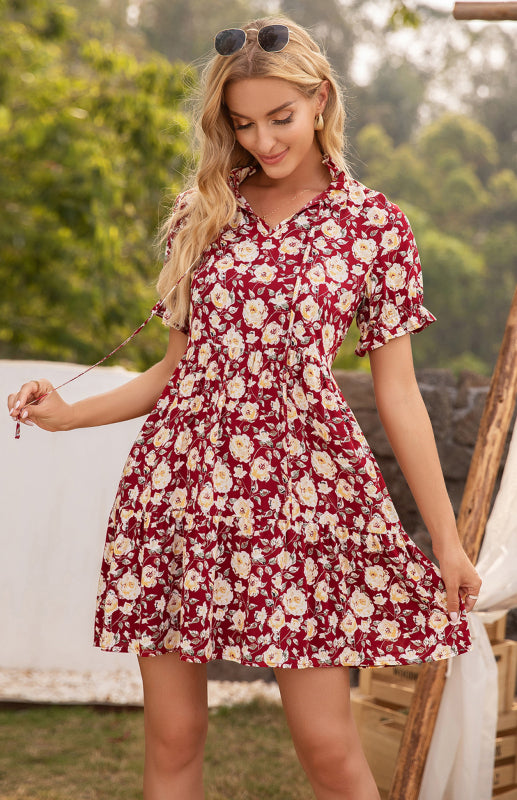 Women's Summer Floral Print Lace Short Sleeve Dress