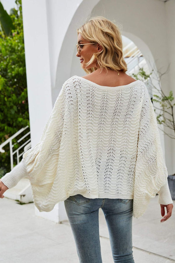 Openwork Boat Neck Dolman Sleeve Sweater