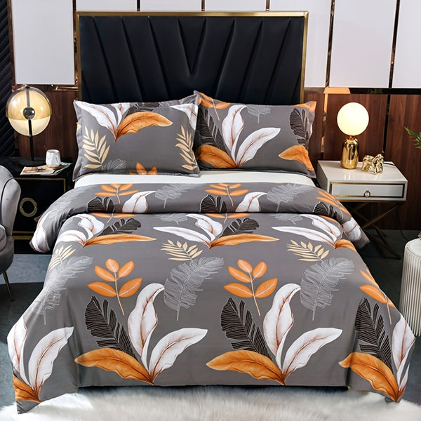 3pcs Duvet Cover Set, Leaf Design Element Printed Bedding Set For All Seasons