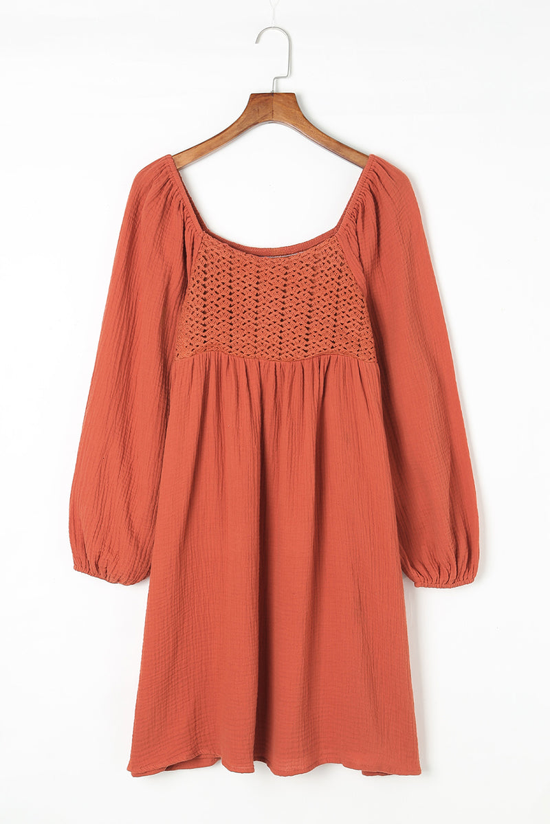 Smocked Crochet Balloon Sleeve Textured Dress