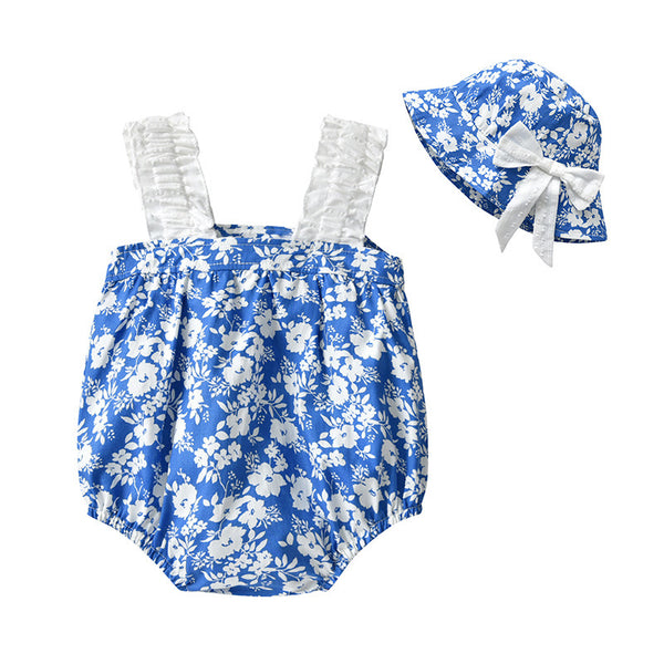 Baby Clothes Summer Girl Baby Blue And White Porcelain Print Sling One-Piece Romper Girl Bow Triangle Bag Fart