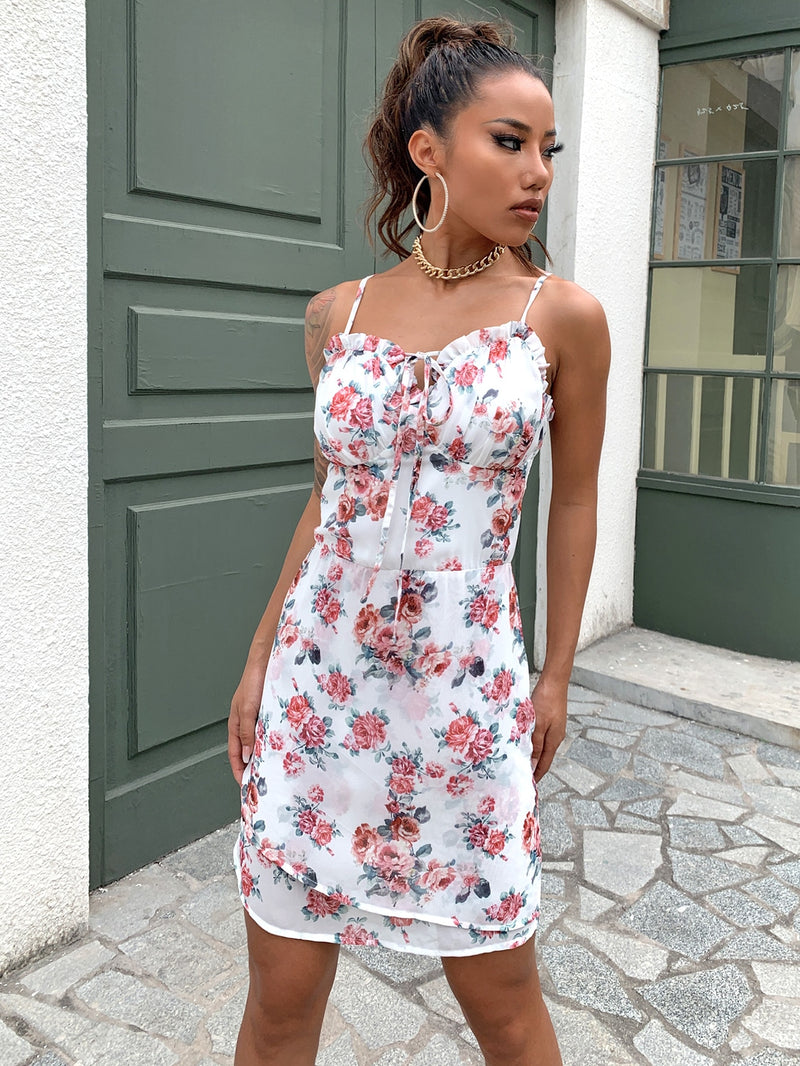 Floral Tie Front Frill Trim Spaghetti Strap Dress