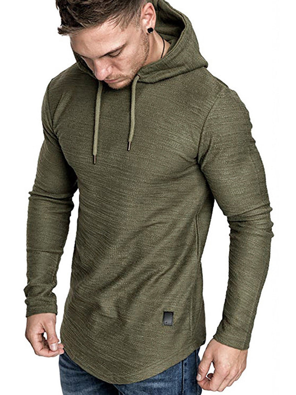 Men's Solid Color Curved Hem Drawstring Hooded Sweatshirt