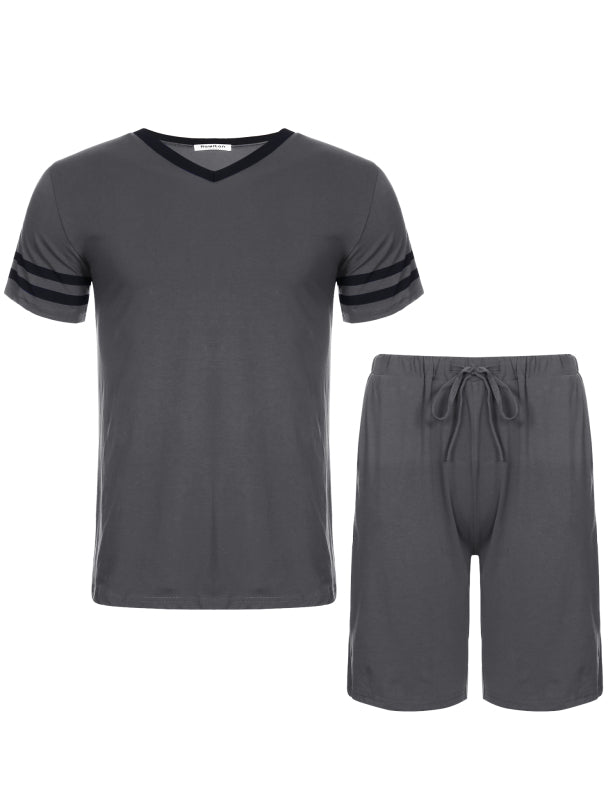 men's solid color short-sleeved shorts 2-bar cotton suit