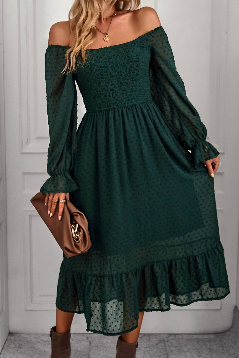 Swiss Dot Smocked Ruffle Hem Flounce Sleeve Dress