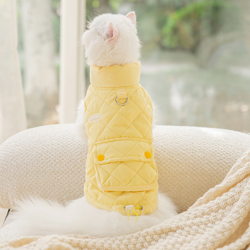 Pet Autumn And Winter Warm Quilted Cotton Pockets Can Traction Vest Puppy Dog Two Feet Thickened Cat Cotton Coat Cat Clothes