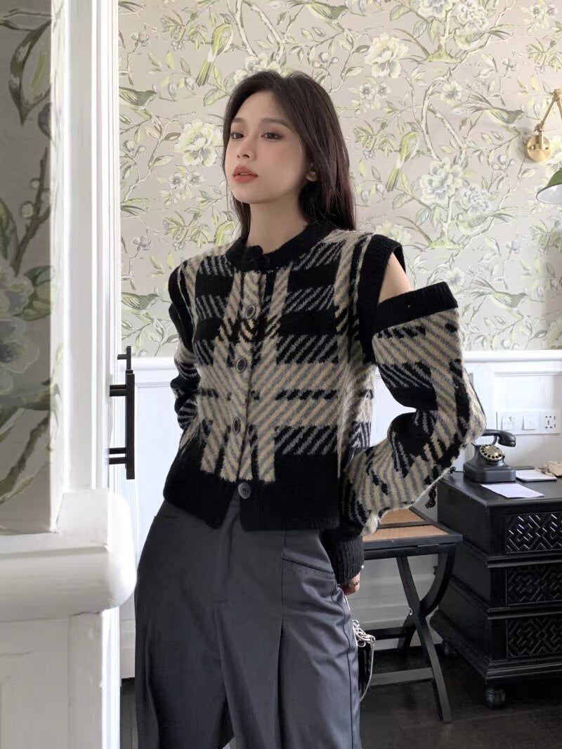 Women Plaid Designer Hollow Out Full Sleeve Spring Autumn Sweater Fashion High Street Casual Vintage Knitting Pullover