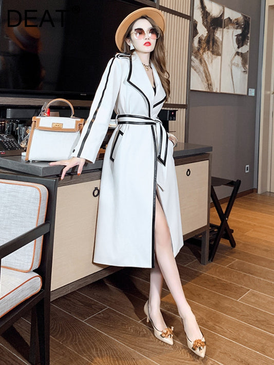 Winter New French Woolen Suit Long Coat Lapel Contrast Waist Wool Coat Women