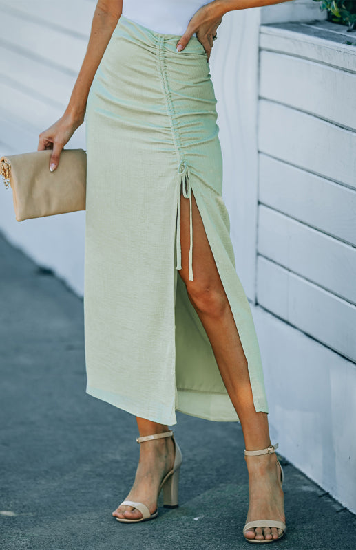 Green Drawstring Ruched Side Split High Waist Long Skirt
