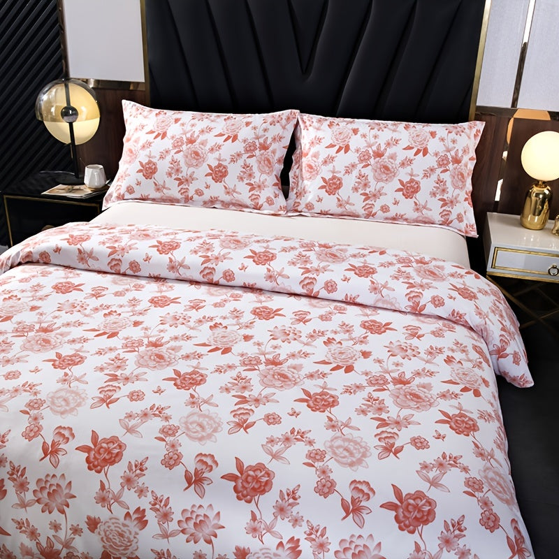 3pcs Duvet Cover Set, Flower Design Element Printed Bedding Set For All Seasons