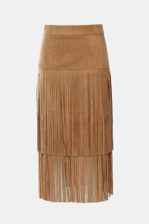 Fringe Detail Faux Suede Midi Skirt