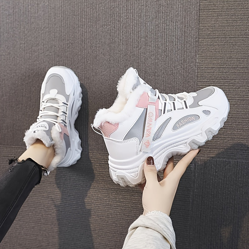 Women's Casual Sneakers, Color-block Thick Sole Chunky Sneakers, Warm Plush Lined Anti-slip Running Shoes