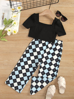 Girls Square Neck Cropped Tee and Argyle Pants Set