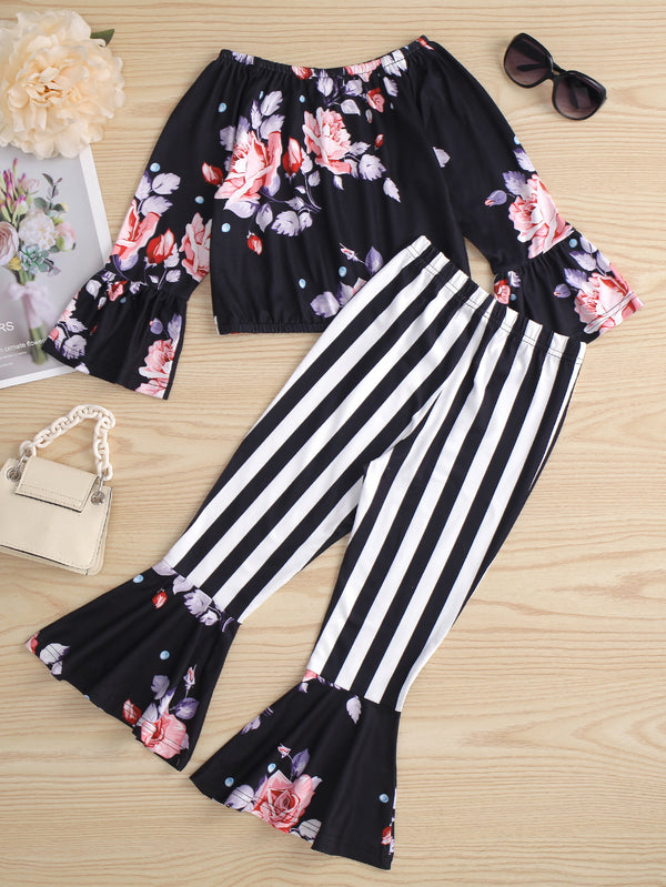 Girls Floral Top and Striped Bell Bottom Pants Set