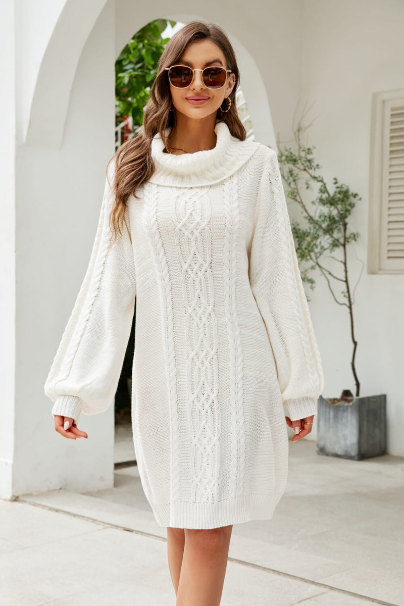 Mixed Knit Turtleneck Lantern Sleeve Sweater Dress