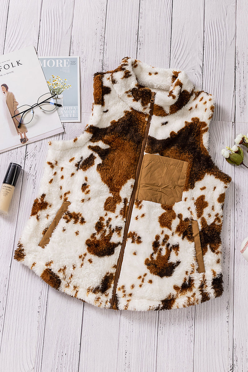 Animal Pattern Zip-Up Plush Vest with Pockets