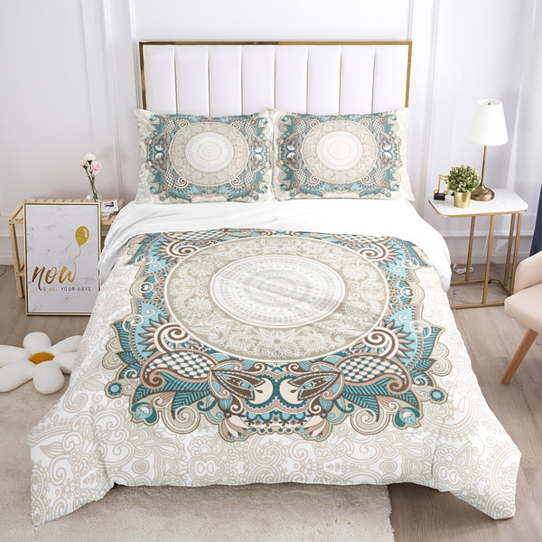 3pcs Brushed Duvet Cover (1 Duvet Cover + 2 Pillowcase), Geometric Flower Print Bedding Set