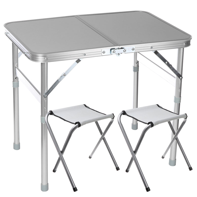 Foldable Desk with 2 Chairs Folding Picnic Table with 2 Stools Aluminum Laptop Desk Chair Set Height Adjustable Portable Outdoor Camping Dining BBQ Party Table
