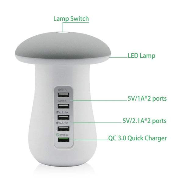 Leebote Multiple USB Phone Charger Mushroom Night Lamp Charging Station Dock QC 3.0 Quick Charger for Mobile Phone and Tablet