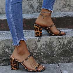 Plus Size Summer Sandals Ins Women's Shoes Square Head Fashion Sexy High-Heeled Leopard Print Sandals And Slippers