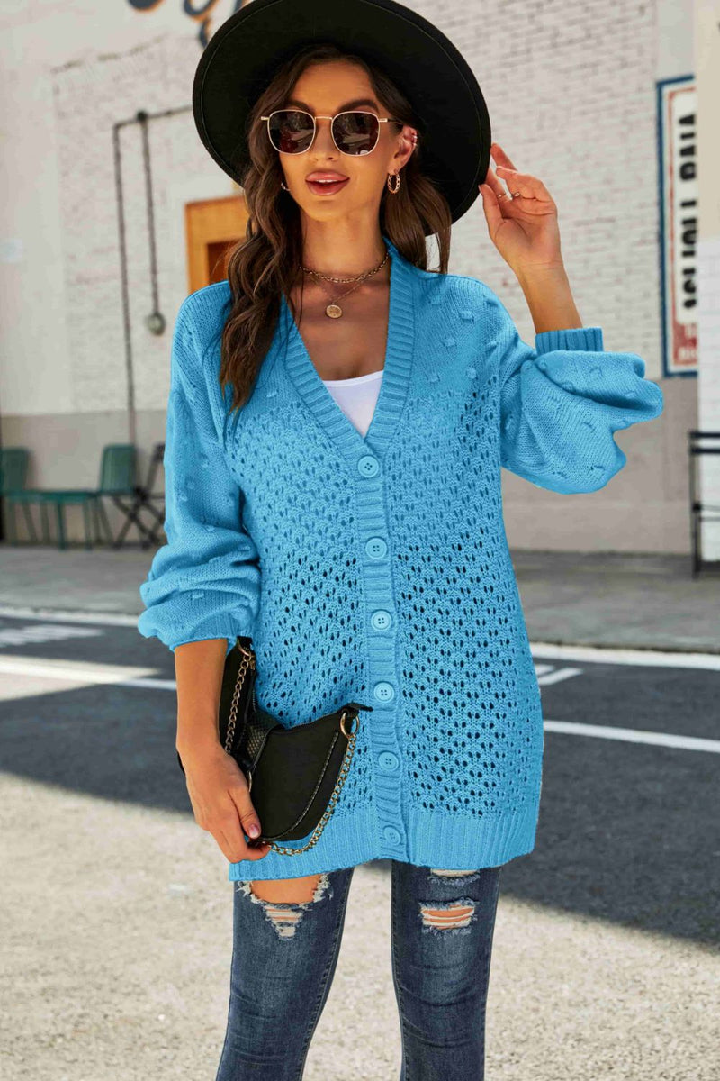 Pom-Pom Openwork Button Front Longline Cardigan