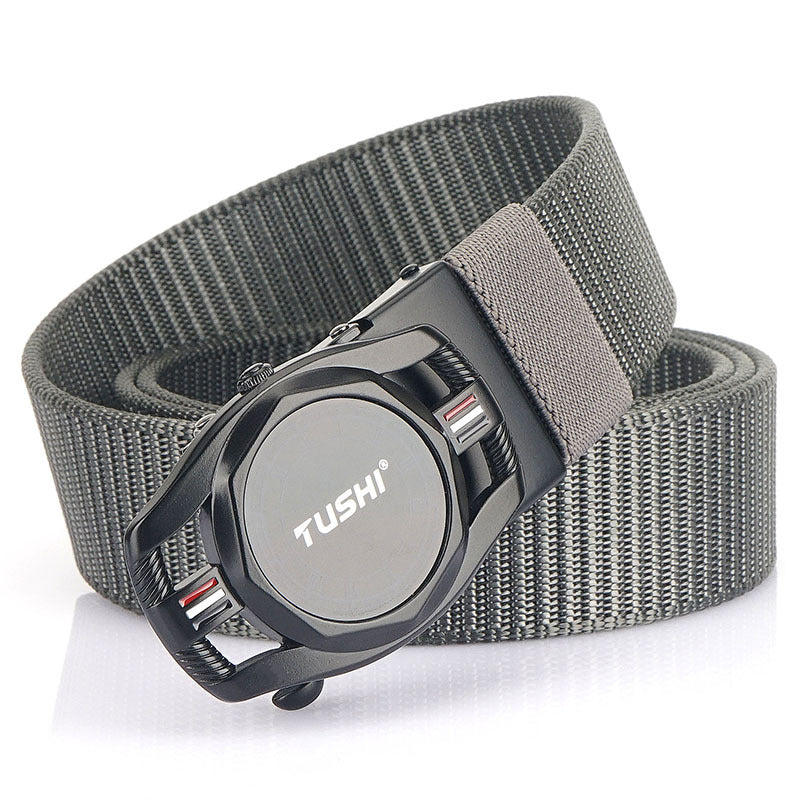 Automatic Men's Leather Belt Toothless Alloy Buckle Nylon Braided Belt Outdoor Tactical Casual Canvas Belt