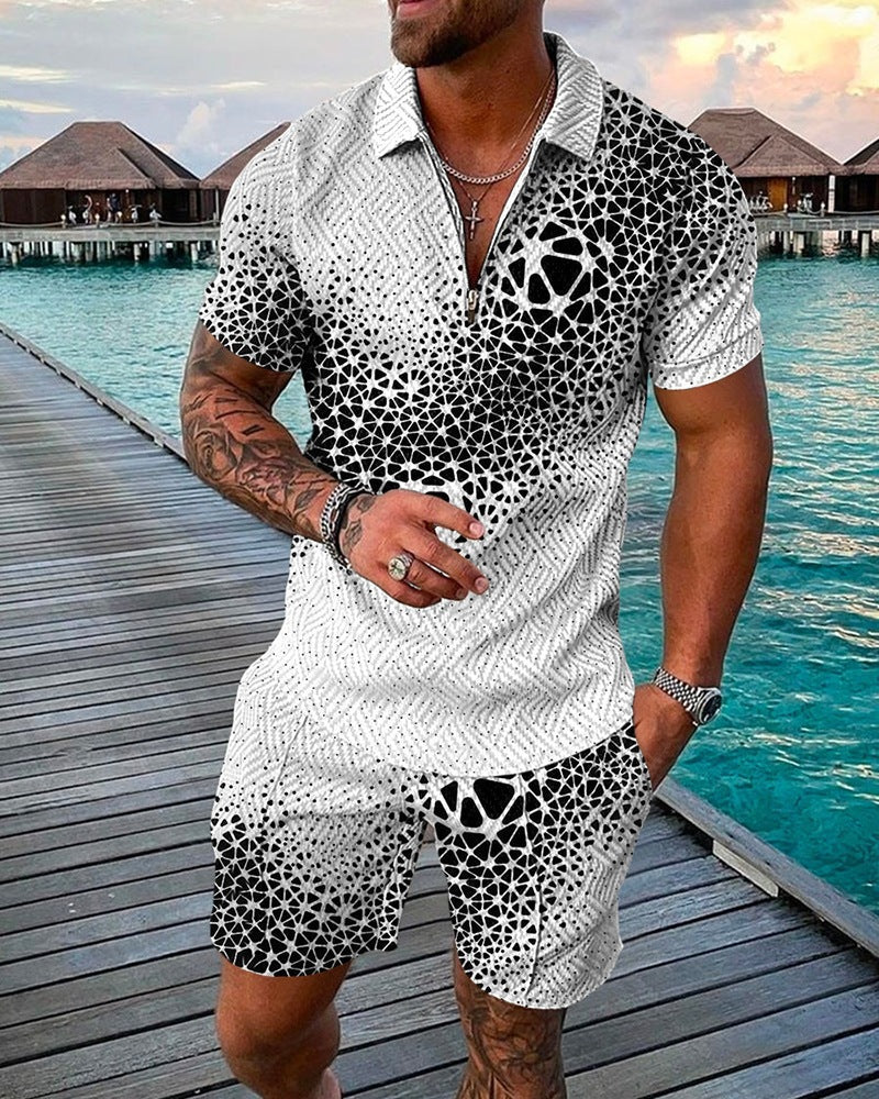 New Men's Fashion Casual Suit 3D Print Zip Short Sleeve Polo Shirt Shorts 2 Piece Set