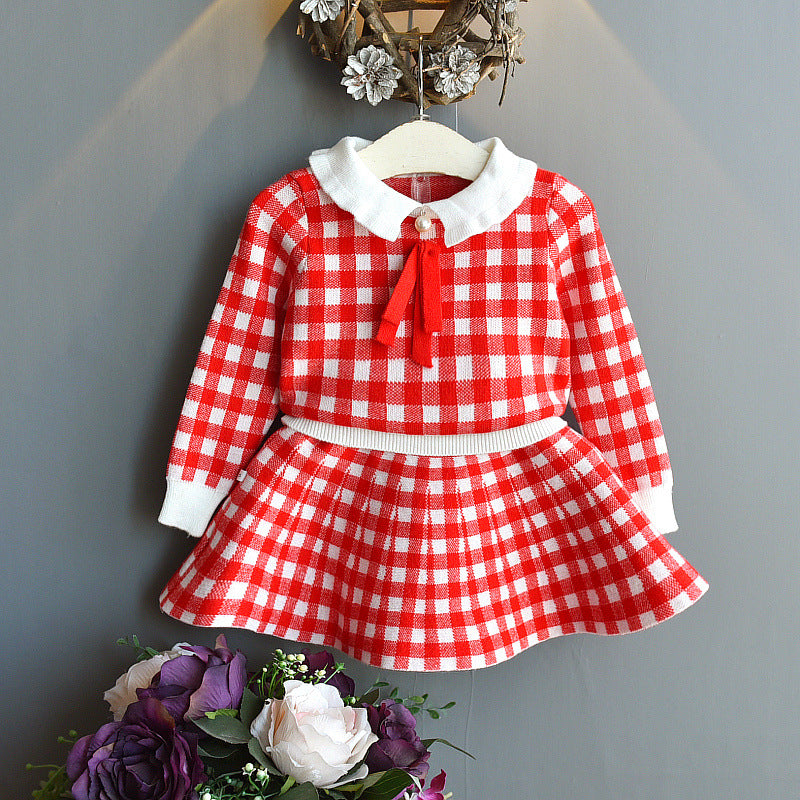 Knitting coat of foreign gas of girl of new fund of children's outfit autumn + skirt of knitted half is sweet two sets