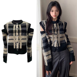 Women Plaid Designer Hollow Out Full Sleeve Spring Autumn Sweater Fashion High Street Casual Vintage Knitting Pullover