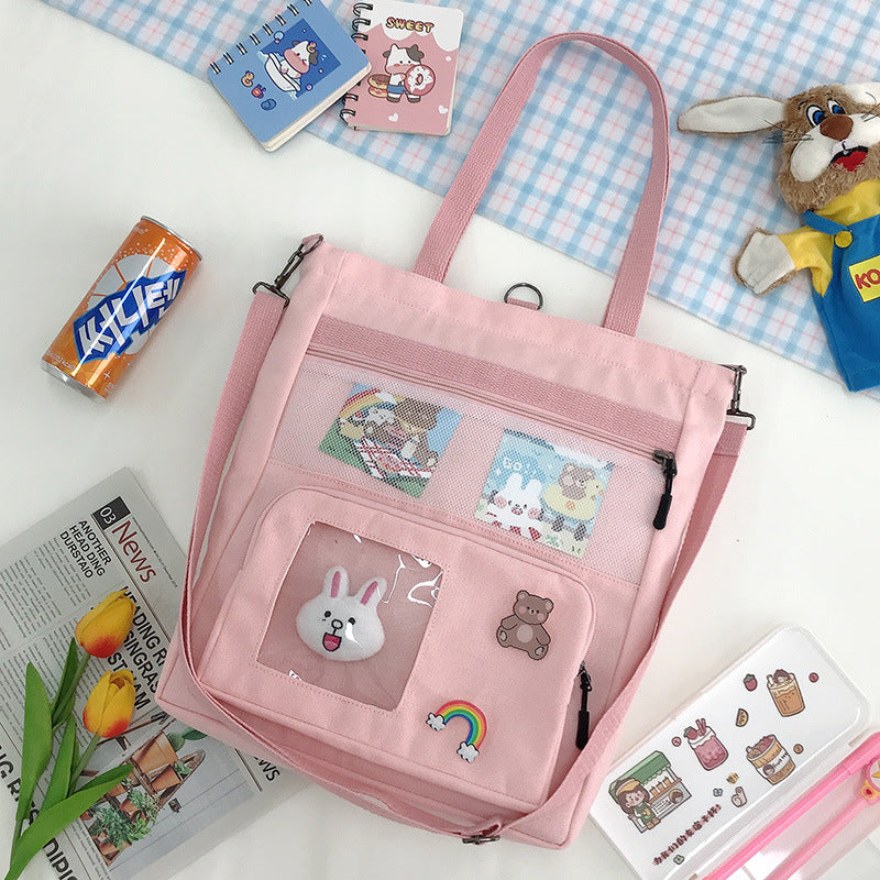 Korean Version Of The Small Fresh Spring Canvas Bag Cute Rabbit Head Pendant Backpack Student Supplementary Bag Large-Capacity Messenger Bag