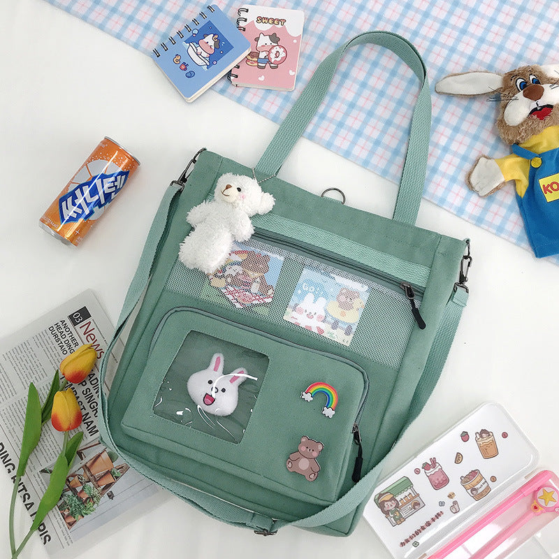 Korean Version Of The Small Fresh Spring Canvas Bag Cute Rabbit Head Pendant Backpack Student Supplementary Bag Large-Capacity Messenger Bag