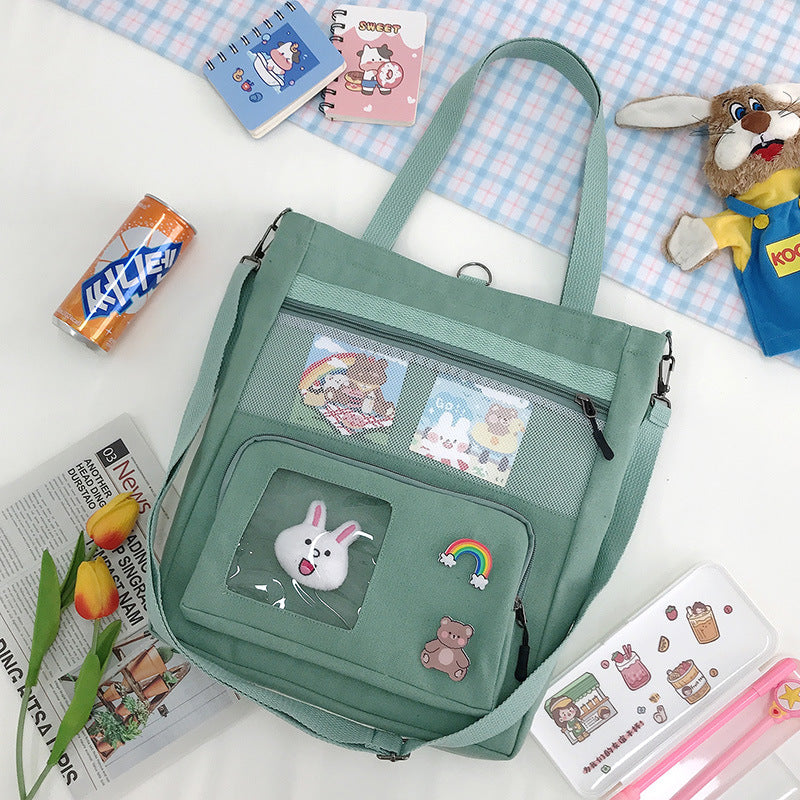 Korean Version Of The Small Fresh Spring Canvas Bag Cute Rabbit Head Pendant Backpack Student Supplementary Bag Large-Capacity Messenger Bag