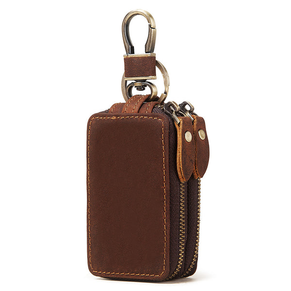 Car Key Bag Double Zipper Crazy Horse Leather Mercedes-Benz Volkswagen Audi Key Bag Men's Leather Bag Leather Key Bag