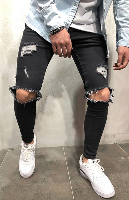 Men's Fashion Mid Waist Ripped Slim Jeans