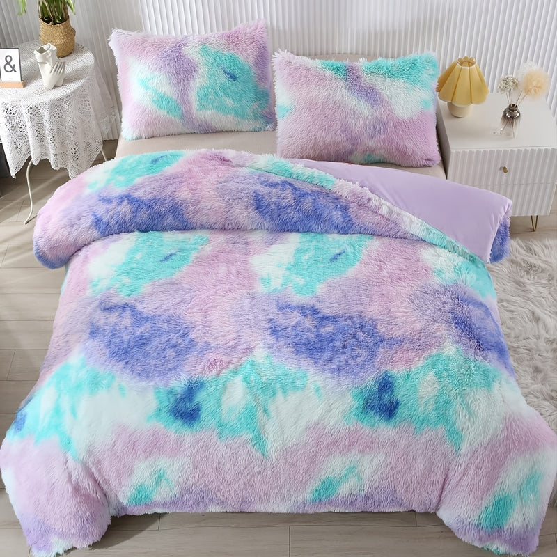 3pcs Tie Dye Plush Duvet Cover Set ( 1 Duvet Cover + 2 Pillowcase), Soft & Warm Bedding Set