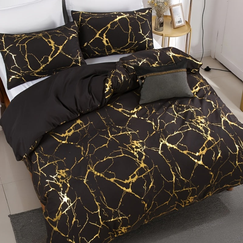 3pcs Black & Golden Bedding Set (1 Duvet Cover + 2 Pillow Case), Soft Quilt Cover For Bedroom