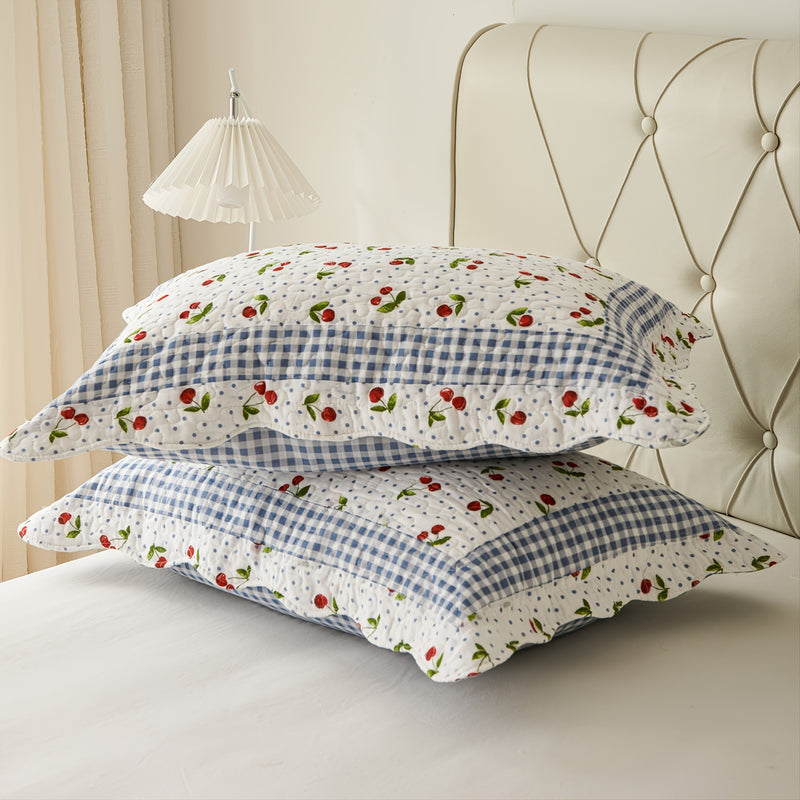 Cotton Quilted Flat Sheet Set (1 Flat Sheet + 2 Pillow Case), Little Cherry Print Bedding For Bedroom, Soft Blanket