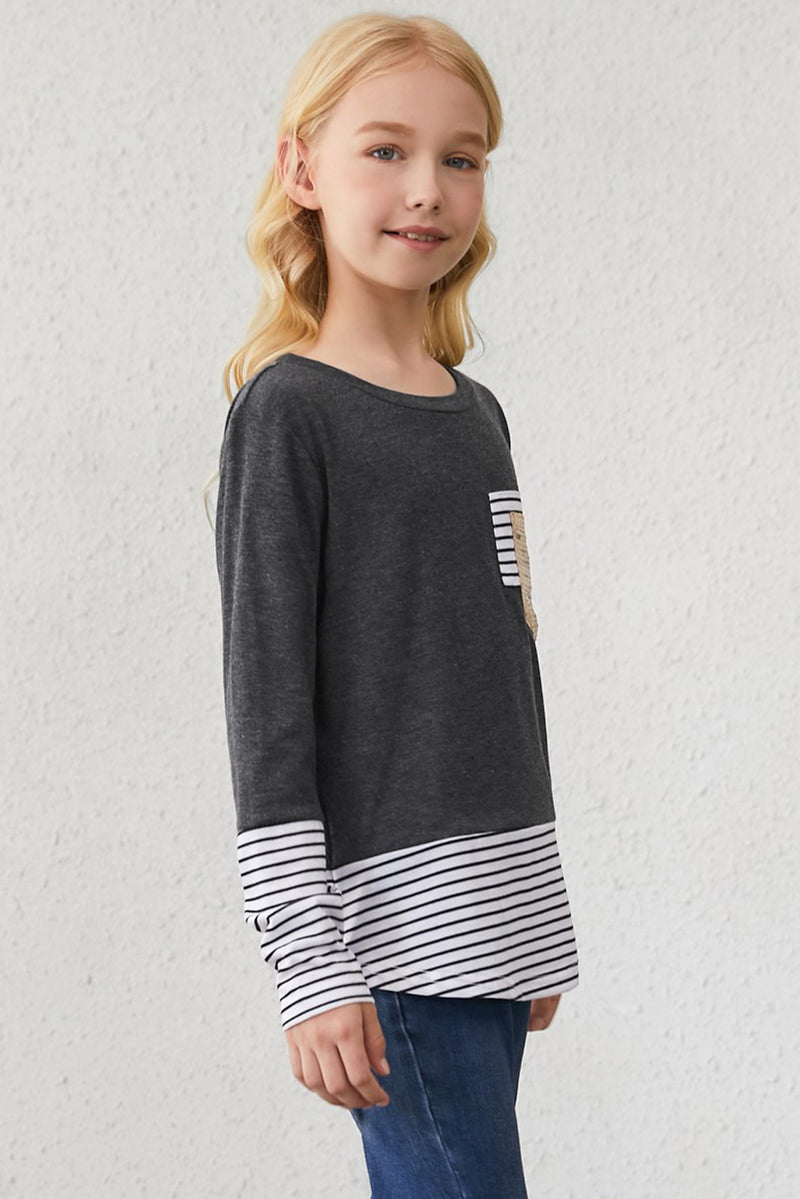 Girls Striped Color Block Sequin Pocket Top