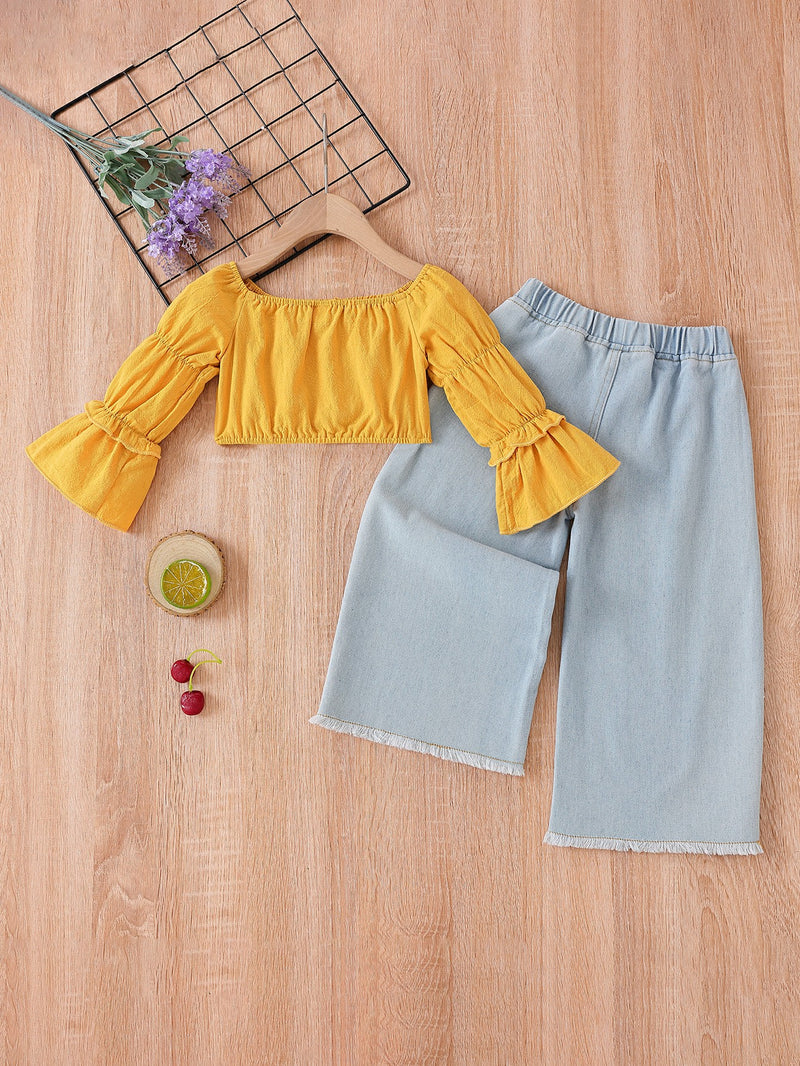 Girls Flared Sleeve Crop Top and Jeans Set