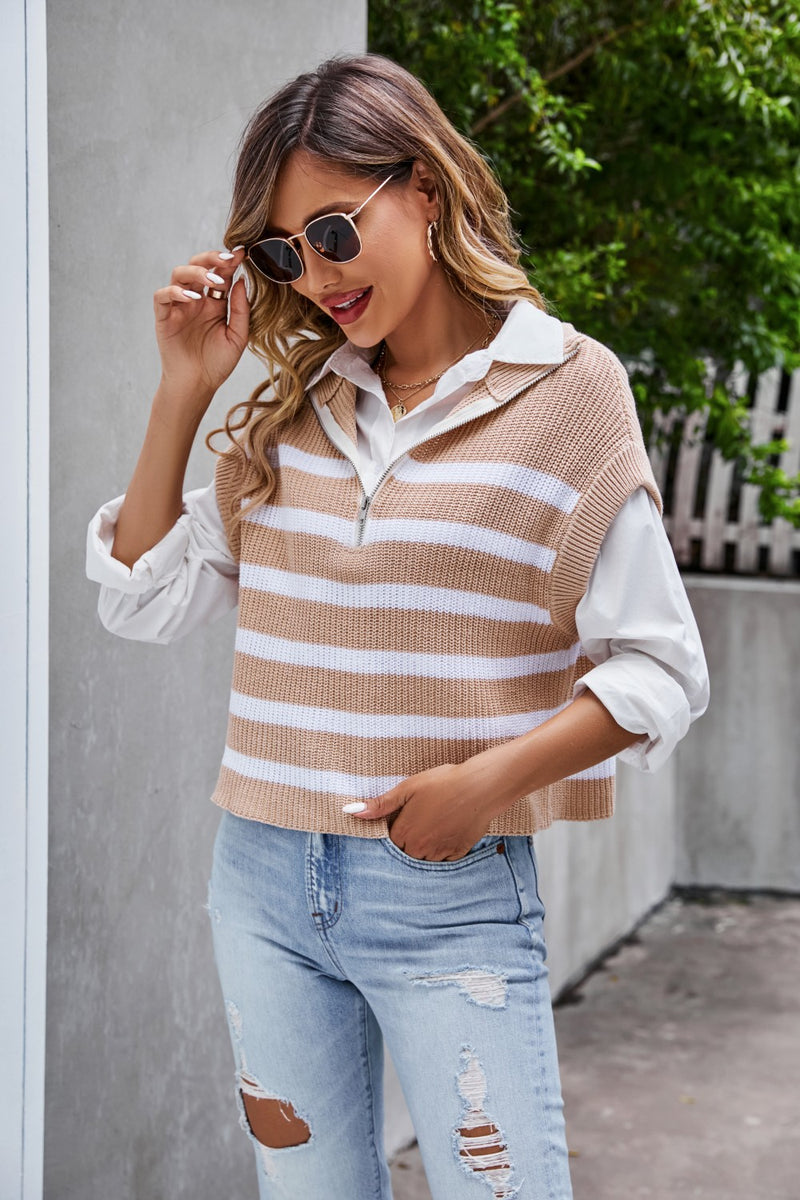 Striped Half-Zip Collared Vest