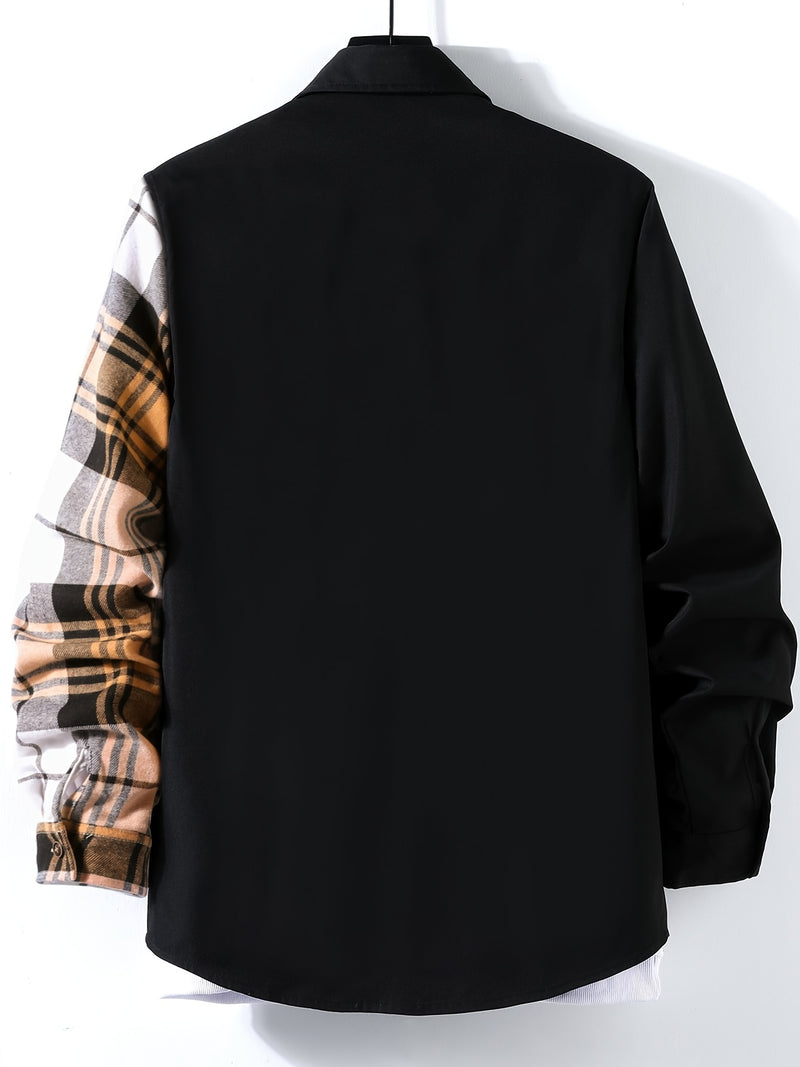Men's Stylish Contrast Color Plaid Panel Long Sleeve Shirt