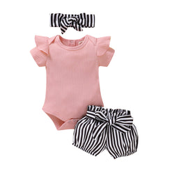 Toddler Infant Baby Girls Stripe Outfits Children Girl Romper Bowknot Shorts Headbands Set Summer Kids Set Baby Kleding Meisje