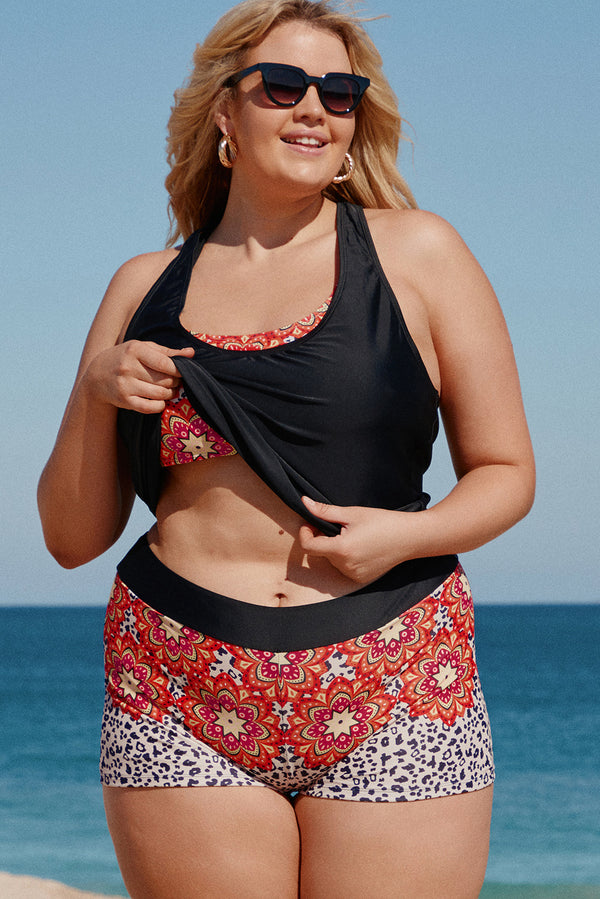 Plus Size Printed Halter Neck Tankini Set