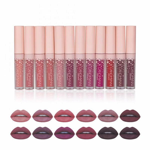 12PCS Matte Lipsticks Waterproof Lipstick Lip Sticks Cosmetic Easy To Wear Lip Gloss Makeup 12 Colors Non-stick Cup Lipstick