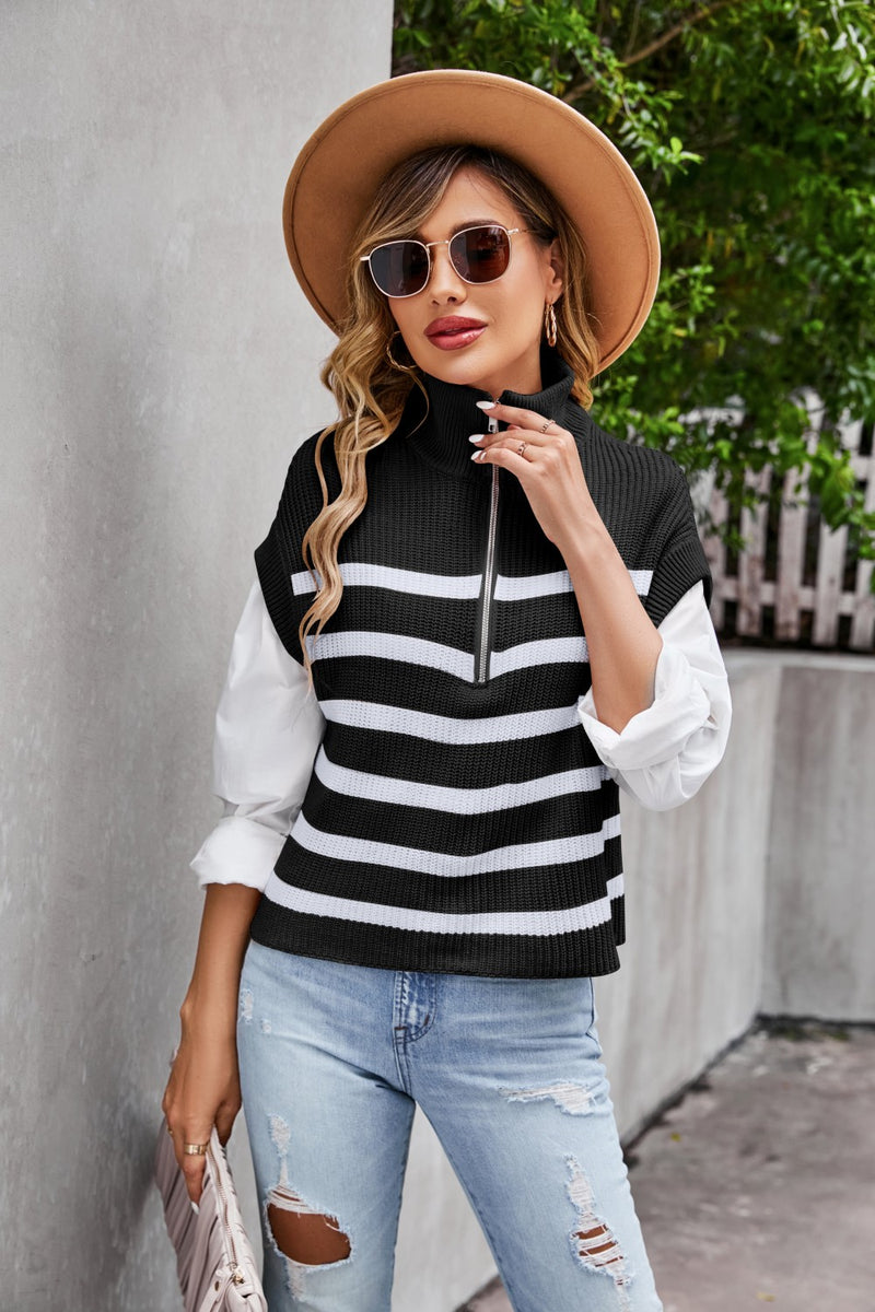 Striped Half-Zip Collared Vest