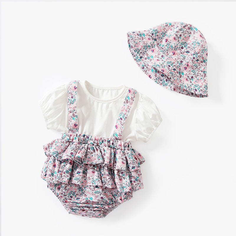 Baby Clothes Summer Refreshing Pastoral Style Purple Floral Female Baby Triangle Bag Fart Clothes To Go Out Short-Sleeved Cotton Rompers