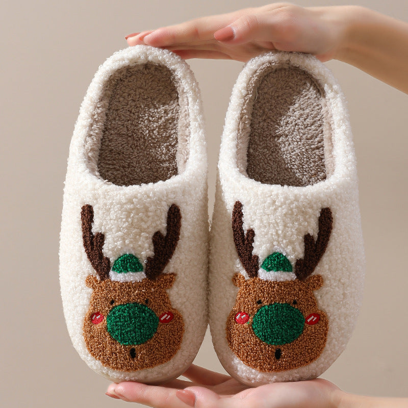 Christmas Elk Cotton Slippers for Women Autumn and Winter Home Couples Warmth Home Fur Slippers