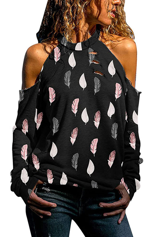 Printed Long Sleeve Casual Coat With Hanging Neck And Strapless Shoulders