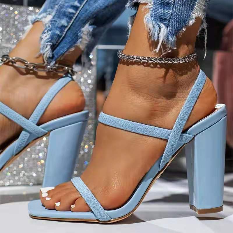 Rome Spring And Summer New Large Size High Heels Thick Heel Open Toe Women's Solid Color Sexy Sandals