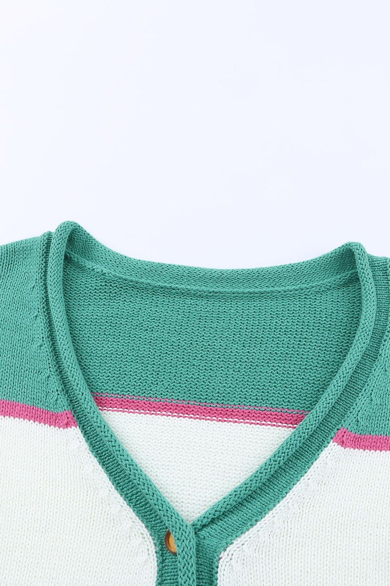 Color Block Buttoned V-Neck Sweater